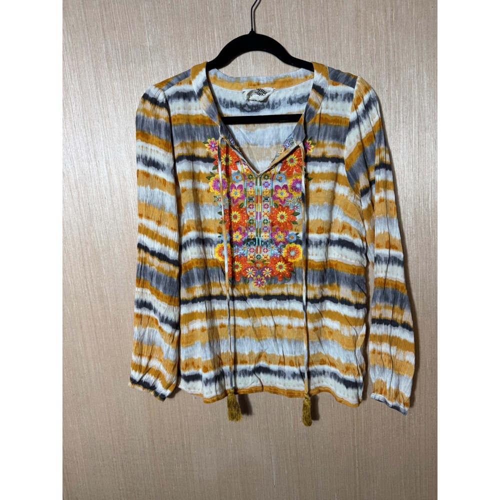 Savanna Jane Womens Large Embroidered Tie Dye Peasant Top Boho Tassel Mustard